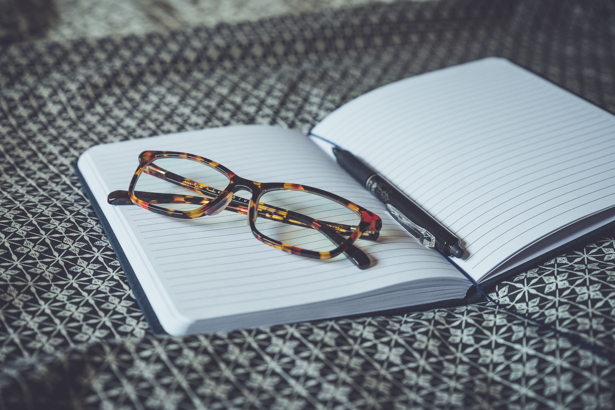 [Image description: tortoise coloured glasses and a black pen on an open lined notebook, on a navy and white patterned bedspread.]